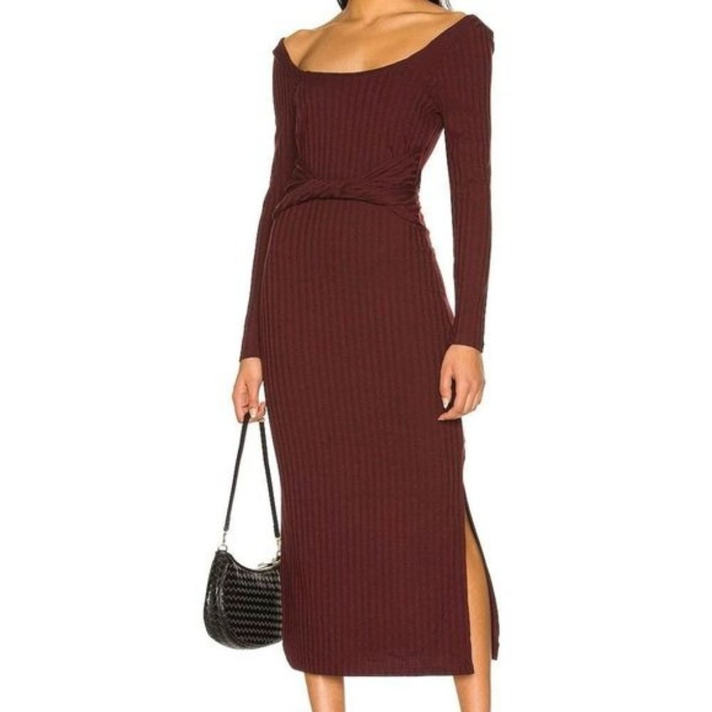 MINKPINK Nora Tie Waist Long Sleeve Midi Dress Burgundy Size Small NEW